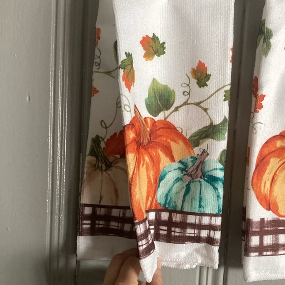 NWT-Set of 3- Cream, Blue & Orange Fall Pumpkins & Thankful Kitchen Towels 25x15 - Picture 5 of 17